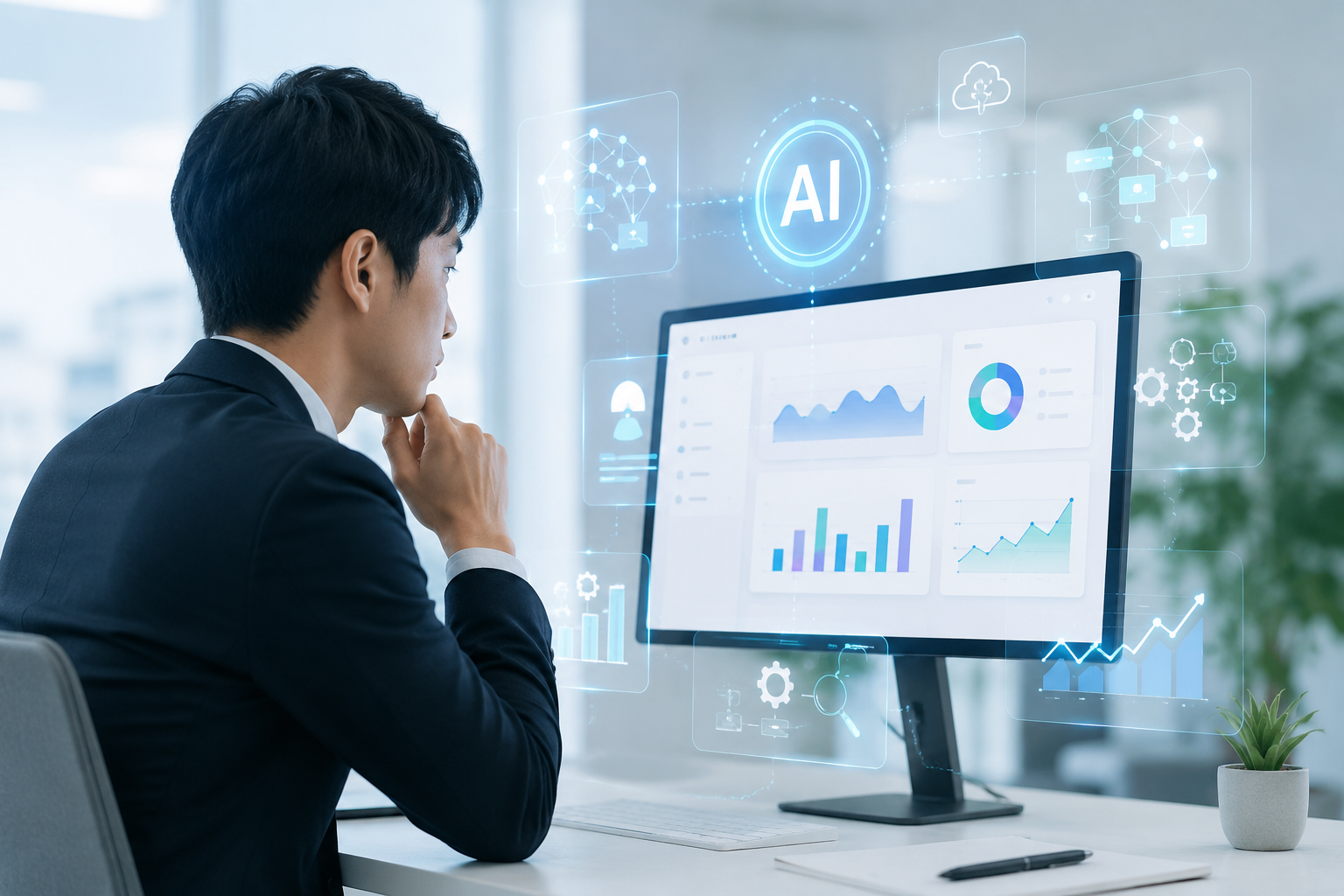 「AIによる業務分析 最新技術で業務を徹底解析し、改善ポイントをわかりやすく提示します。」を表現した写真